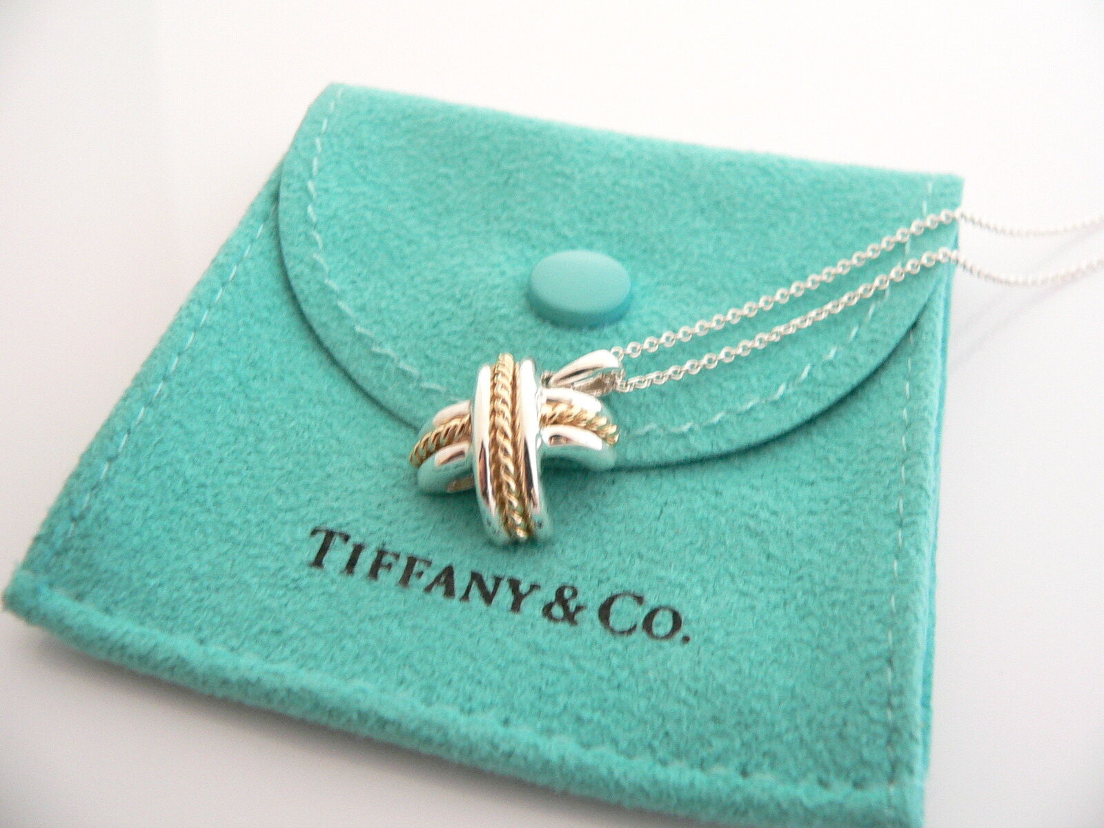 Tiffany & Co Silver 18K Gold Signature X Necklace Pendant Gift Pouch Love Pouch