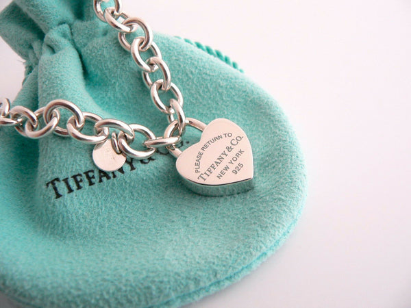 Tiffany & Co Silver Blue Enamel Heart Padlock Charm Bracelet Gift Pouch Love