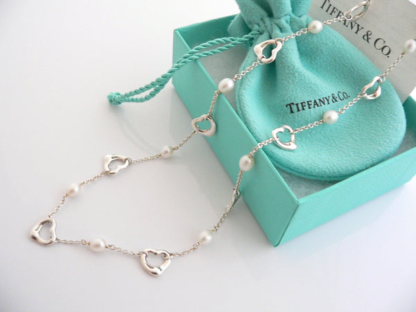 Tiffany & Co Silver Peretti Open Heart Pearl Necklace Pendant Chain Gift Pouch