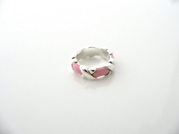 Tiffany & Co Pink Enamel Signature X Ring Band Sz 4.5 Pendant Silver Gift Love