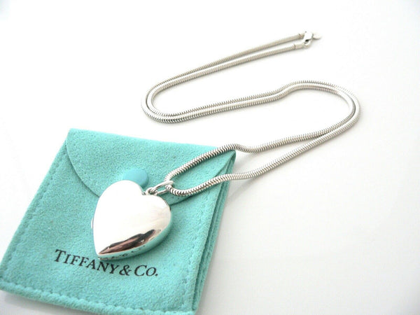 Tiffany & Co Silver Large Heart Locket Necklace Pendant 24 Inch Chain Pouch Love