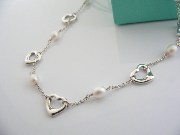 Tiffany & Co Silver Peretti Open Heart Pearl Necklace Pendant Chain Gift Pouch