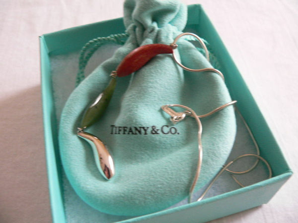 Tiffany & Co Silver Gehry Fish Jade Wood Triple Dangle Necklace Pendant Gift Art