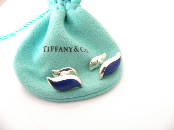 Tiffany & Co Silver Peretti Blue Enamel Feather Wave Cuff Links Cufflinks Gift