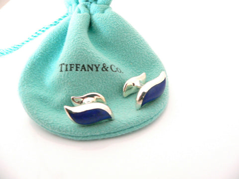 Tiffany & Co Silver Peretti Blue Enamel Feather Wave Cuff Links Cufflinks Gift