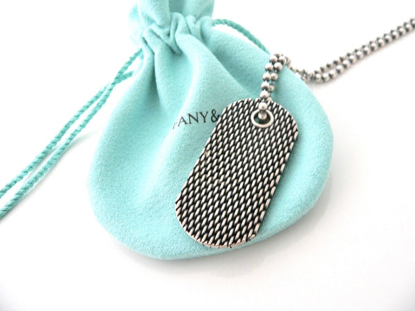 Tiffany & Co Dog Tag Necklace Textured Beaded 20 in Chain Silver Love Gift Pouch