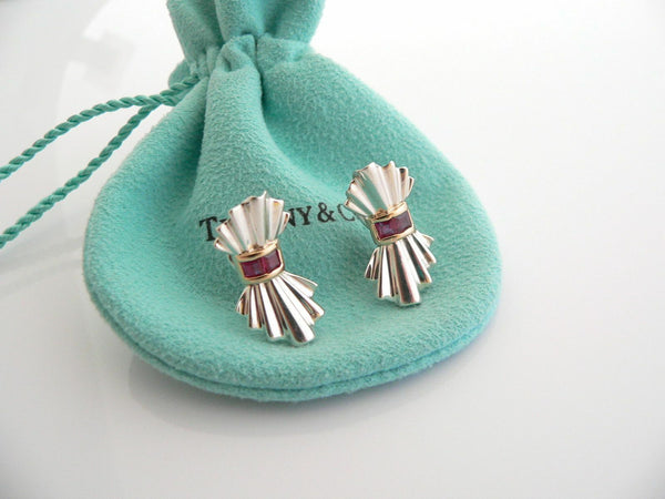 Tiffany & Co Ribbon Earrings Silver 14K Gold Ruby Gemstone Studs Gift Love Pouch