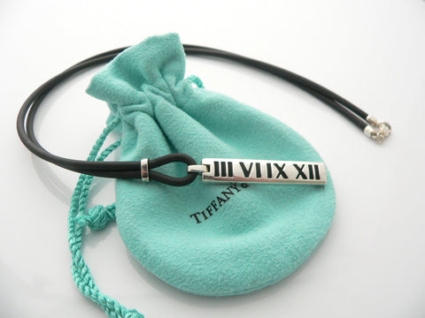 Tiffany & Co Silver Atlas Bar Surfer Necklace Rubber Cord 20 In Long Gift Pouch
