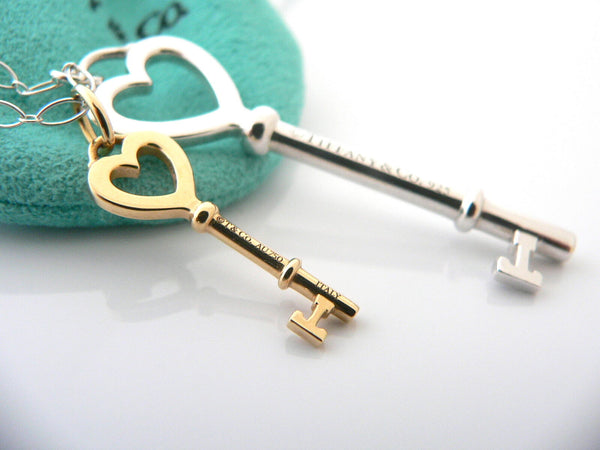 Tiffany Co Silver 18K Gold Large Heart Keys Necklace Pendant Charm 24 Inch Gift