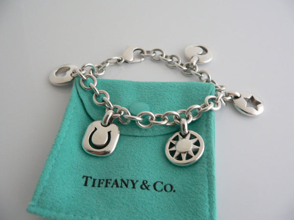Tiffany & Co Silver Heart Sun Star Moon Horseshoe Bracelet Stencil Charm Bangle