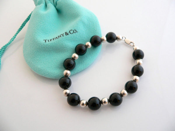 Tiffany & Co Silver Onyx Ball Bead Bracelet Bangle Chain 7.75 In Gift Pouch Love