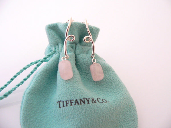 Tiffany & Co Silver Pink Rose Quartz Twirl Dangling Earrings Gift Pouch Love Art