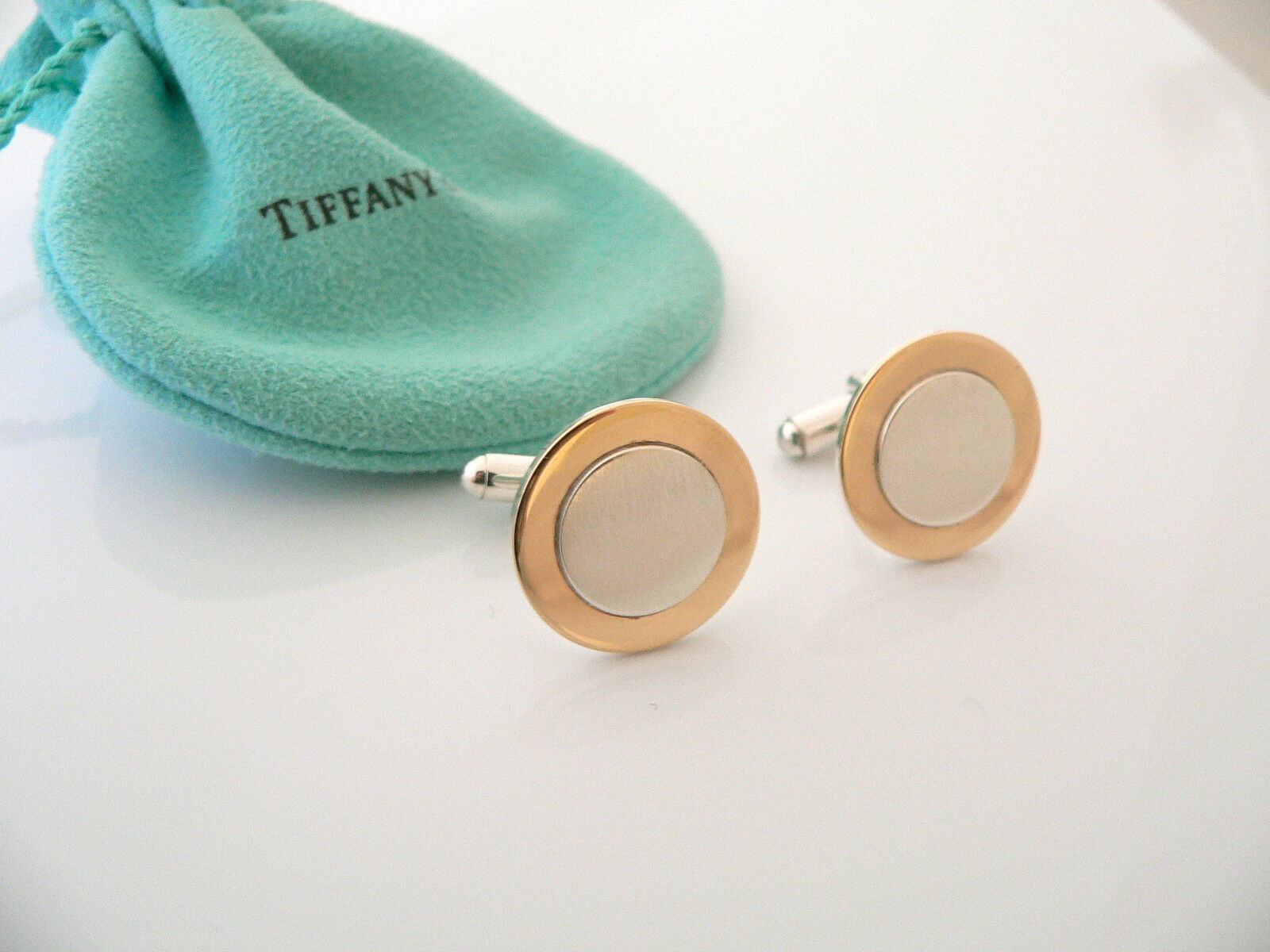 Tiffany & Co Silver 18K Gold Circle Cuff Links Rare Engravable Gift Pouch Love