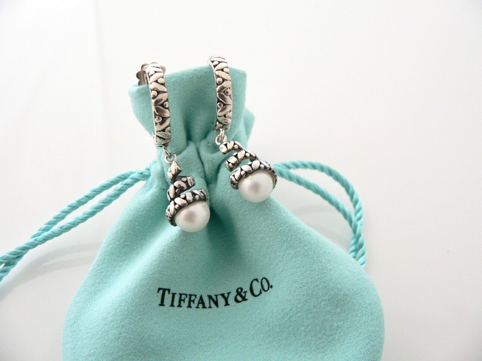 Iridesse Tiffany & Co Pearl Dangle Dangling Hoop Earrings Silver Love Gift Pouch