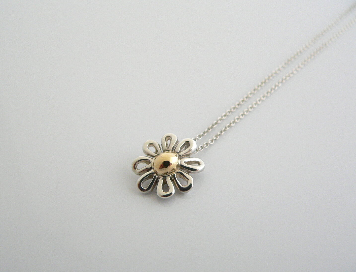 Tiffany & Co Silver Gold Daisy Flower Necklace Pendant Charm 16.25 In Chain Gift