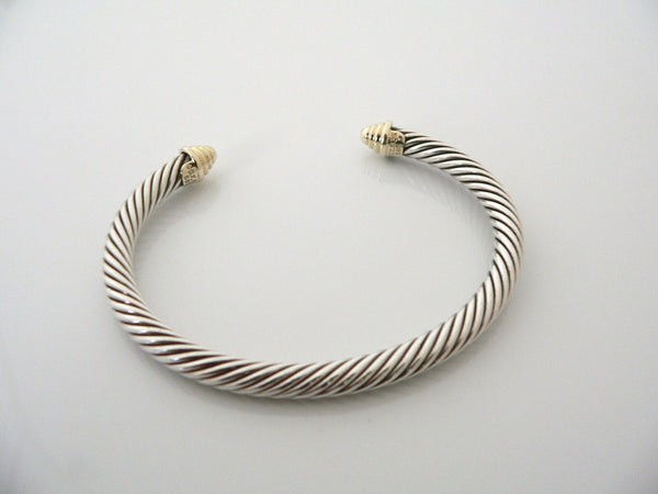 David Yurman 5MM Silver 14K Gold Cable Bangle Bracelet Textured Cuff Gift Love