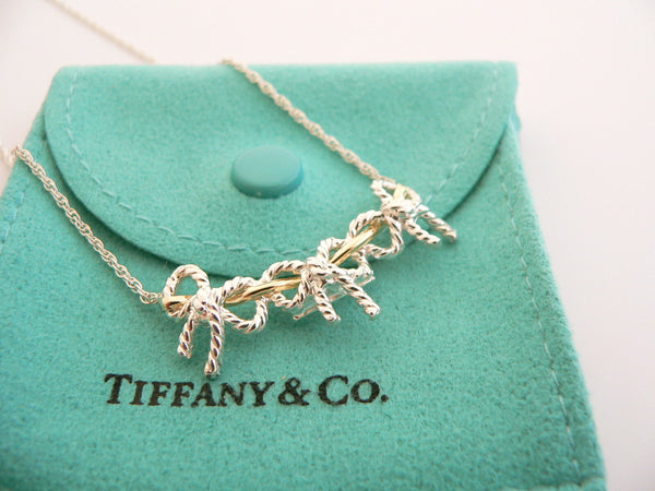Tiffany & Co Silver 18K Gold Triple Ribbon Bow Necklace Pendant 19 In Gift Pouch