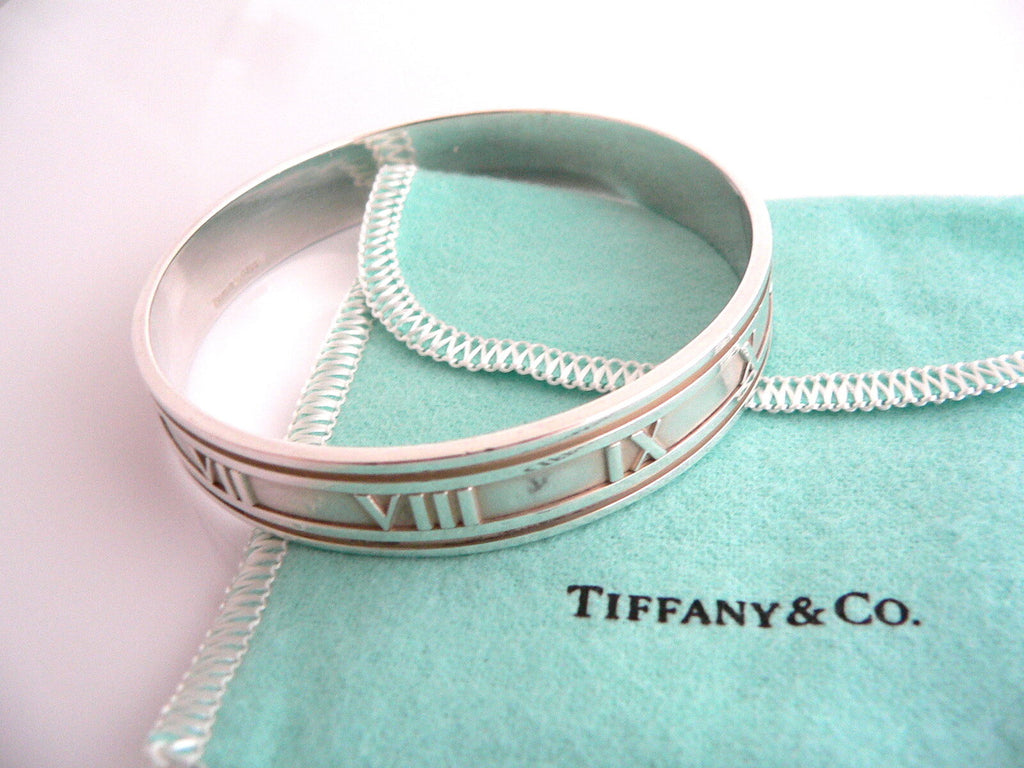 Tiffany & Co Atlas Roman Numeral Bangle Wide Silver Bracelet Love Gift Pouch Art