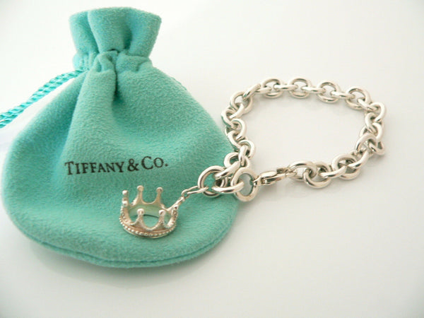 Tiffany & Co Silver Crown Princess Bracelet Charm Attached Gift Pouch Love