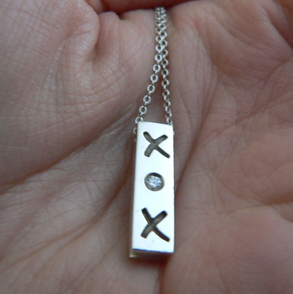 Tiffany Co Silver Diamond Bar Hugs Kiss Necklace Pendant