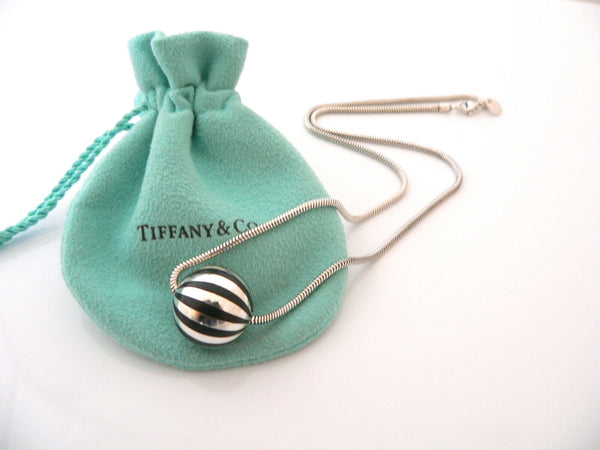 Tiffany & Co Black Enamel Ball Necklace Silver Stripe Pendant Snake Chain Gift