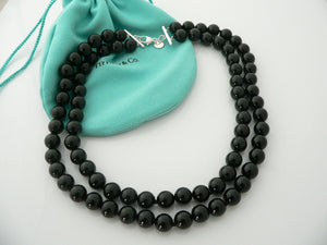 Tiffany & Co Silver Onyx Gemstone Ball Bead Necklace Double Strand Chain Gift