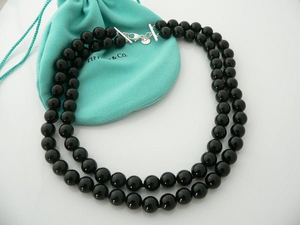 Tiffany & Co Silver Onyx Gemstone Ball Bead Necklace Double Strand Chain Gift