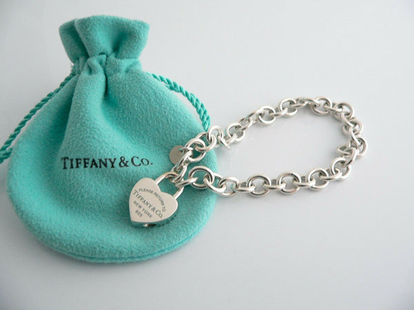 Tiffany & Co Silver Blue Enamel Heart Padlock Charm Bracelet Gift Pouch Love