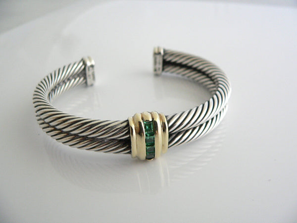 David Yurman Silver 14K Gold Green Quartz Wide Classic Cable Cuff Bracelet Gift
