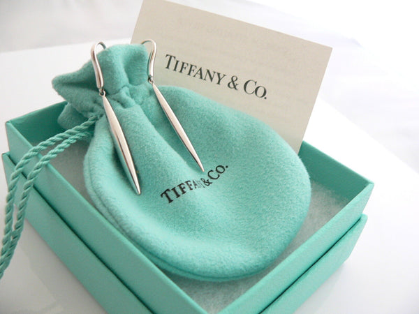 Tiffany & Co 18K Gold Feather Dangling Earrings Dangle T and Co Gift Pouch Box