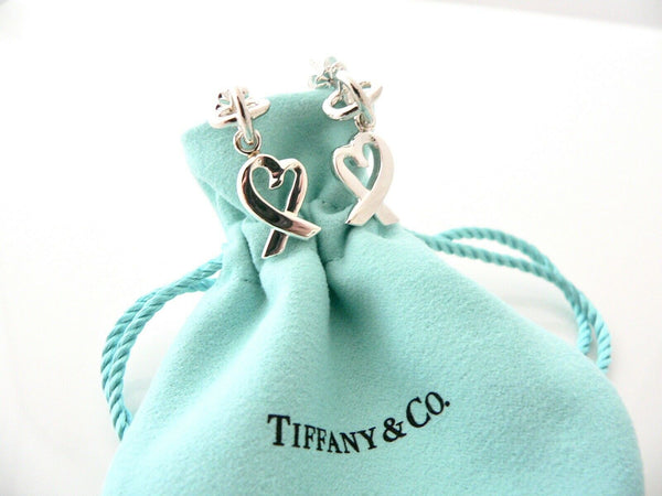 Tiffany & Co Silver Loving Heart Dangle Dangling Earrings Rare Gift Pouch Love