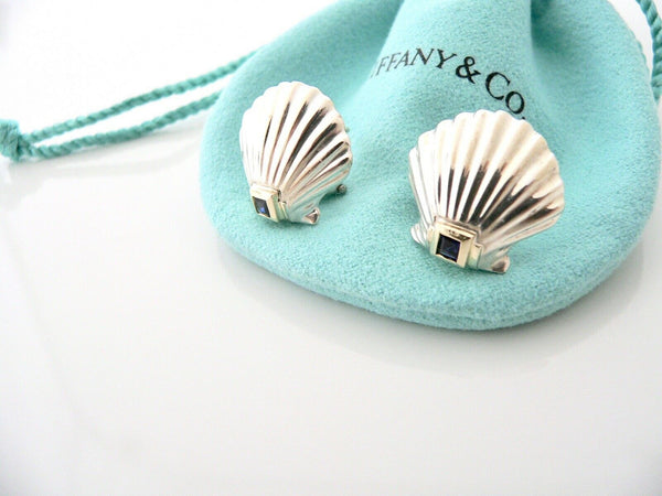 Tiffany & Co Silver 18K Gold Shell Blue Sapphire Pierced Earrings Gift Love Art