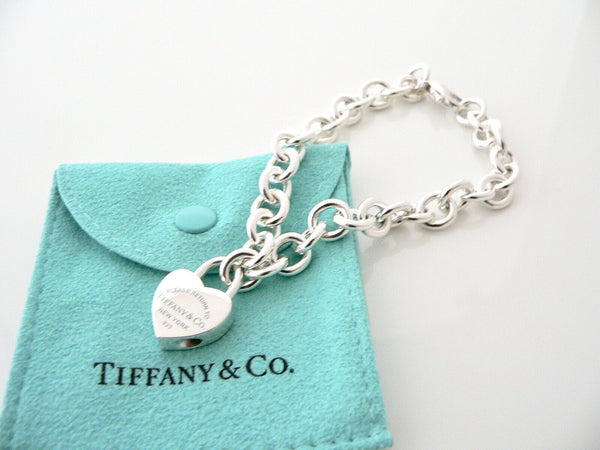 Tiffany & Co Blue Enamel Heart Padlock Bracelet Charm Love Gift Pouch 8 Inches