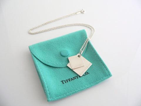 Tiffany & Co Silver Double Squares Necklace Pendant 18 Inch Chain Gift Pouch