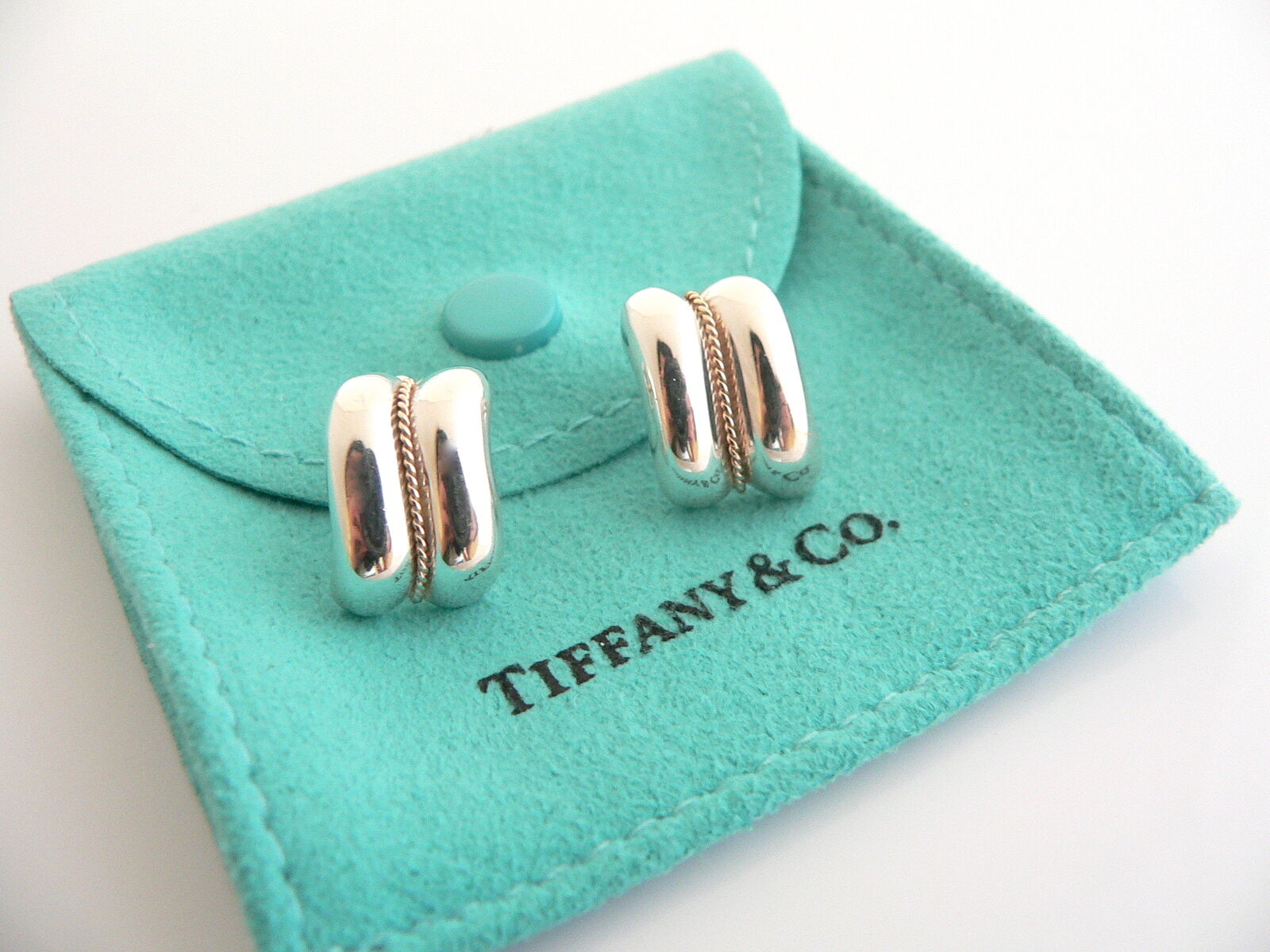 Tiffany & Co Silver 14K Gold Rope Earrings Studs Rare Gift Pouch Love