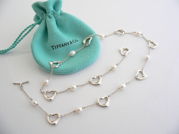 Tiffany & Co Silver Peretti Open Heart Pearl Necklace Pendant Chain Gift Pouch