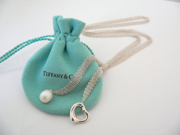 Tiffany & Co Open Heart Necklace Pearl Pendant Charm 25 Inch Mesh Gift Pouch Art