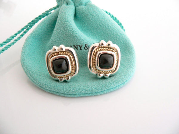 Tiffany & Co 18K Silver Onyx Earrings Gold Rope Square Studs Pierced Gift Pouch