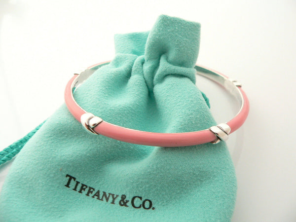 Tiffany & Co Silver Pink Enamel Signature X Bangle Bracelet Rare Gift Love Pouch