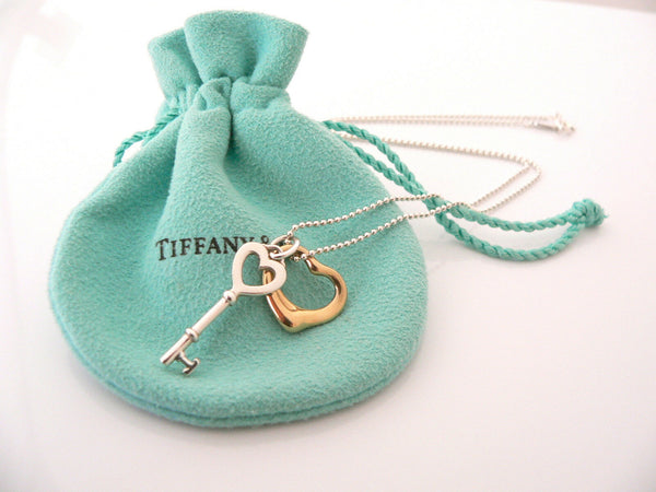 Tiffany Co Silver 18K Gold Open Heart Key Necklace Pendant Charm Chain Gift Love