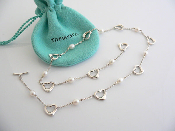 Tiffany & Co Silver Peretti Open Heart Pearl Necklace Pendant Chain Gift Pouch