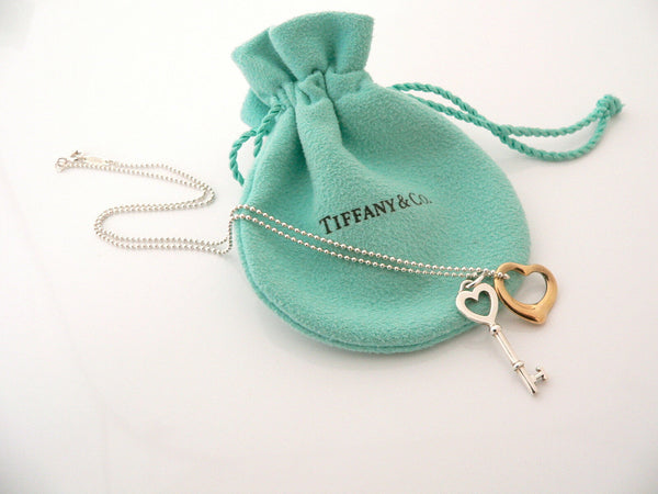Tiffany Co Silver 18K Gold Open Heart Key Necklace Pendant Charm Chain Gift Love