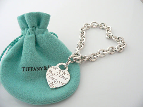 Tiffany & Co Silver I Love You Heart Bracelet Bangle 7.75 Inch Gift Love Pouch