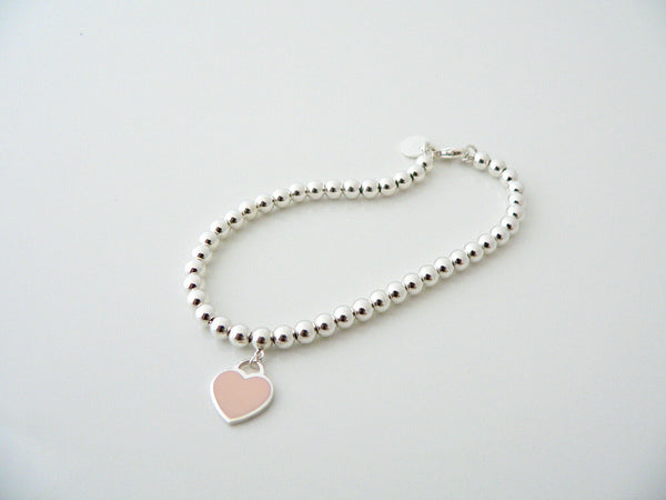 Tiffany & Co Return to Tiffany Silver Pink Enamel Heart Mini Ball Bead Bracelet