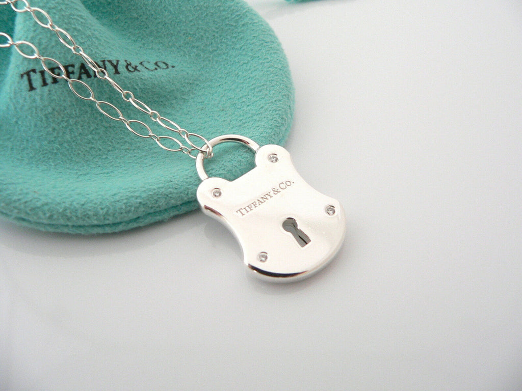 Tiffany & Co Silver Diamond Locks Padlock Necklace Pendant 18 in Chain Gift Love