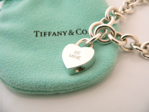 Tiffany & Co Silver BE MINE Heart Padlock Charm Bracelet Bangle Chain Gift Pouch