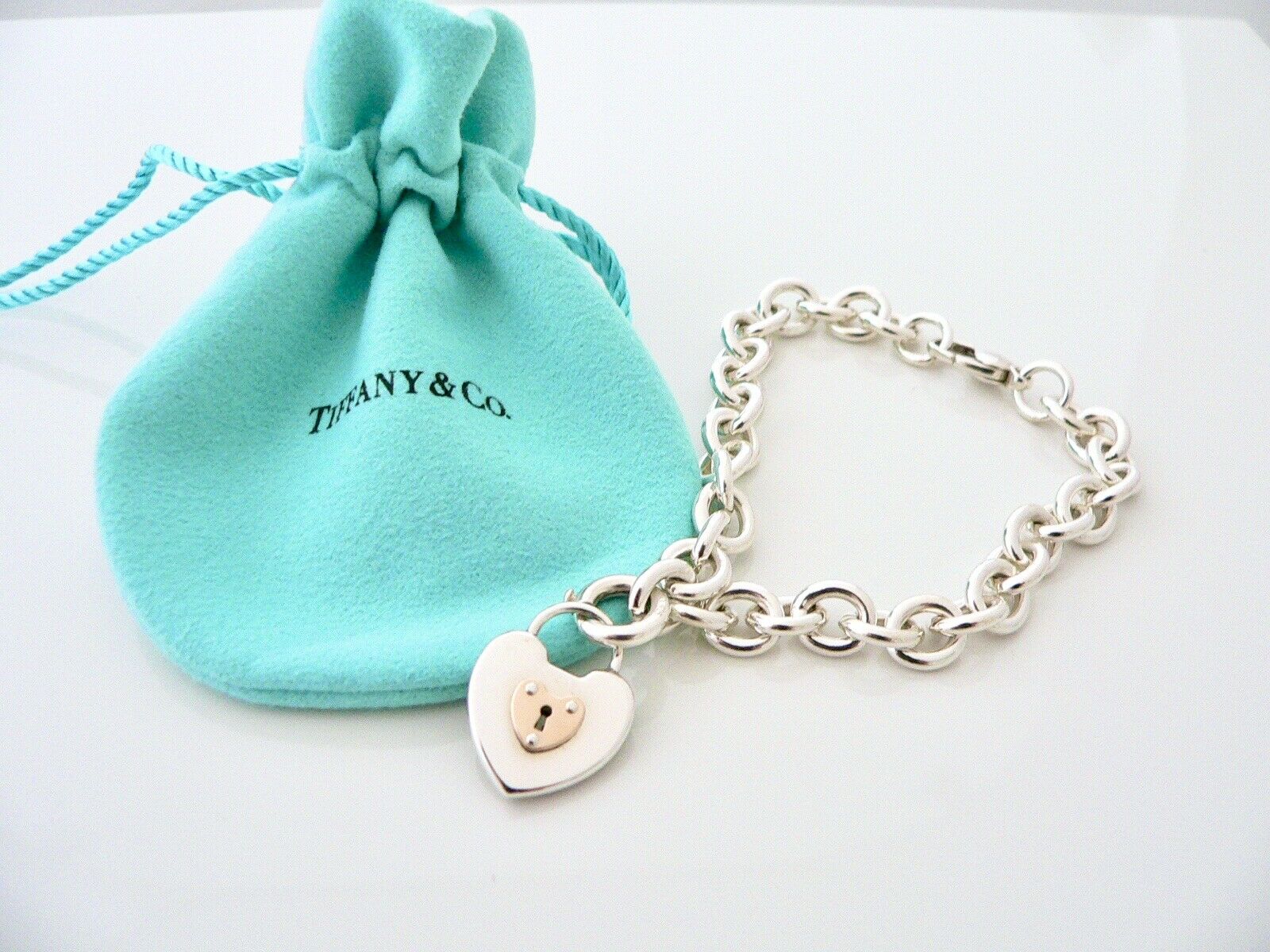 Tiffany & Co Silver 18K Gold Heart Key Hole Charm Bracelet Chain Gift Love Pouch