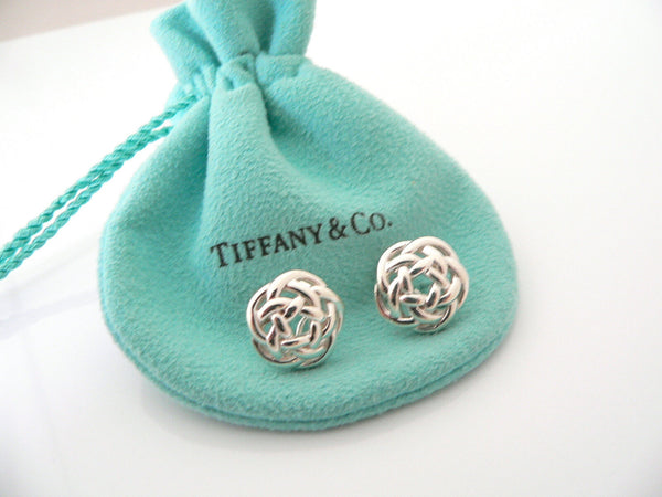 Tiffany & Co Silver Flower Weave Knot Earrings Studs Rare Excellent Gift Pouch