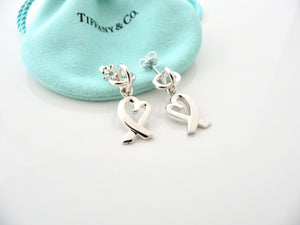 Tiffany & Co Silver Loving Heart Dangle Dangling Earrings Rare Gift Pouch Love