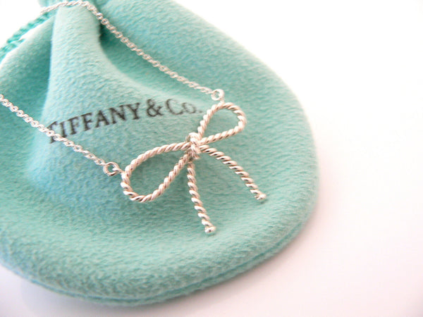Tiffany & Co Silver Ribbon Necklace Twisted Bow Pendant Charm Chain Gift Pouch